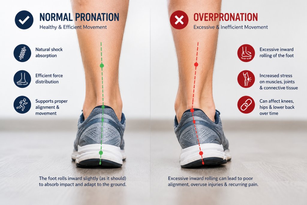 Normal foot pronation versus excessive foot pronation alignment comparison