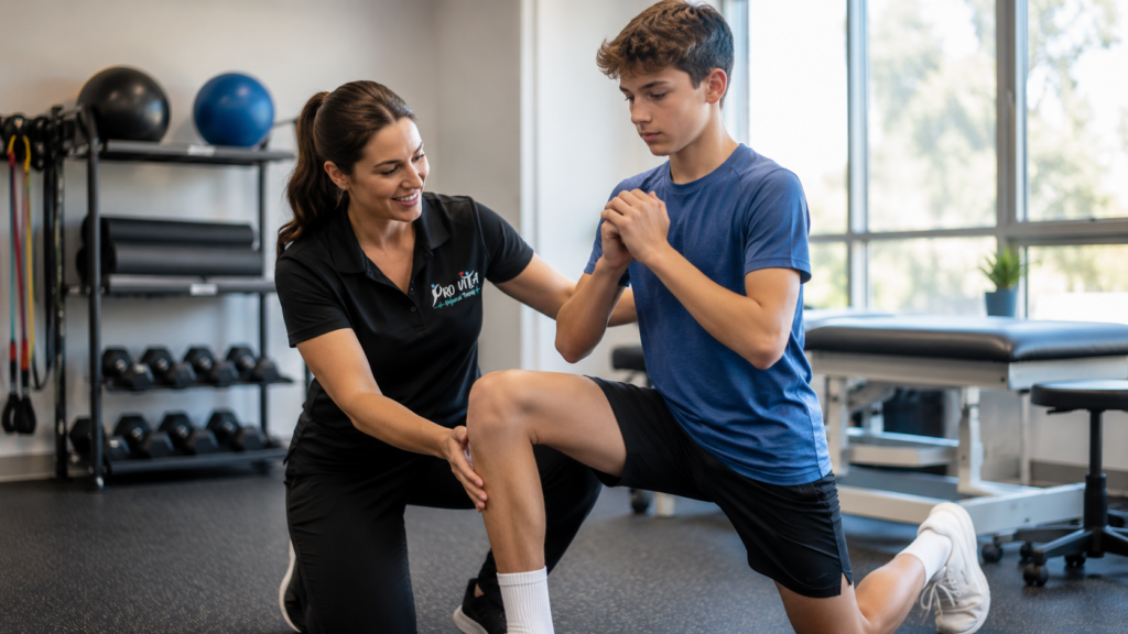 Physical therapist guiding a young athlete through strength and movement exercises to improve coordination and help prevent sports injuries during a growth spurt.