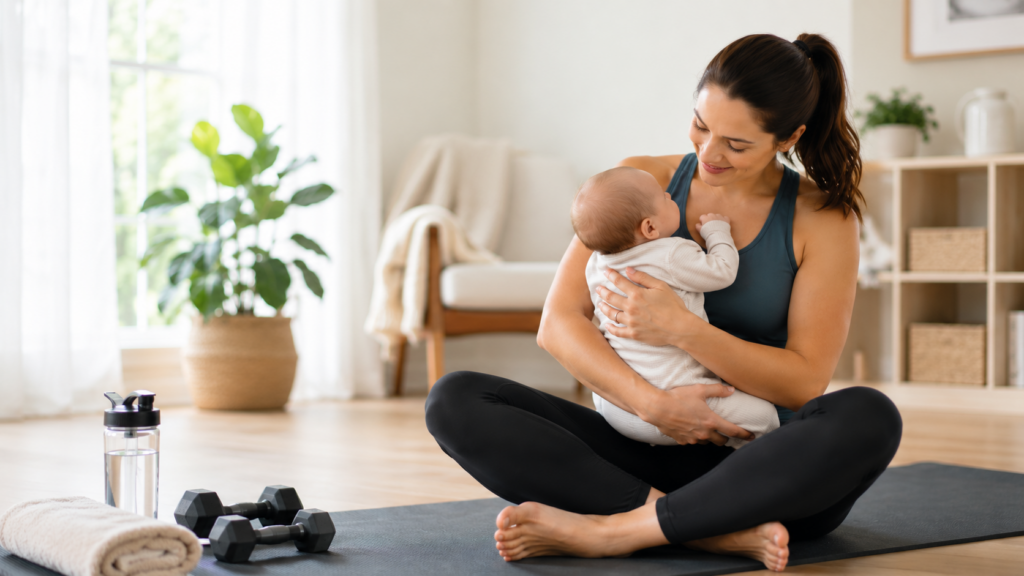 Mother holding her baby during recovery after pregnancy while rebuilding strength, movement, and confidence