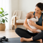 Mother holding her baby during recovery after pregnancy while rebuilding strength, movement, and confidence