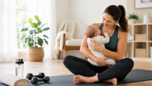 Mother holding her baby during recovery after pregnancy while rebuilding strength, movement, and confidence