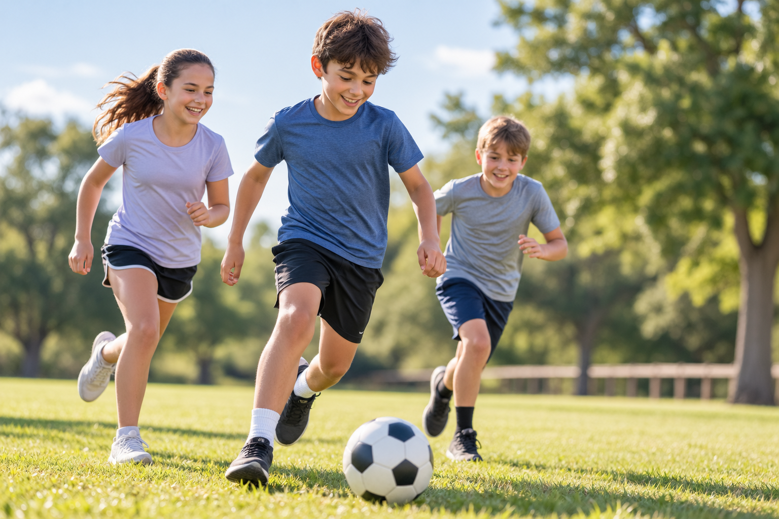Children running and playing soccer outdoors as part of healthy physical activity